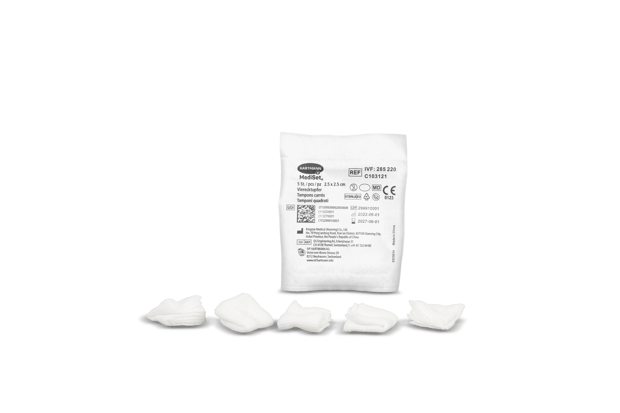 MediSet Marly Tampone quadrato sterile sterile, tampone quadrato, senza filo radiopaco, cucitura centrale 2.5 x 2.5 cm P5