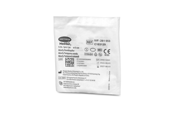 MediSet® Marly Tamponi tondi, sterili sterile, senza filo radiopaco, in doppia confezione Ø 3 cm, doppio sacchetto P5