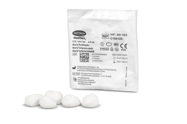 MediSet® Marly Tamponi tondi, sterili sterile, senza filo radiopaco, in doppia confezione Ø 3 cm, doppio sacchetto P5